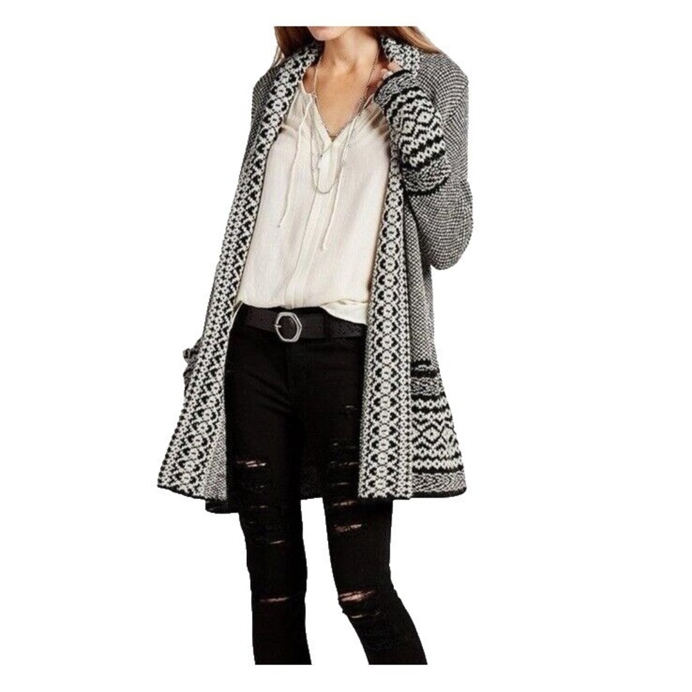 Lucky Brand Open Front Cardigan Womens XL Black White Shawl Collar Sweater